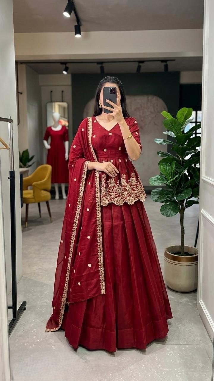 Rust Orange Tissue Silk Peplum Lehenga Set